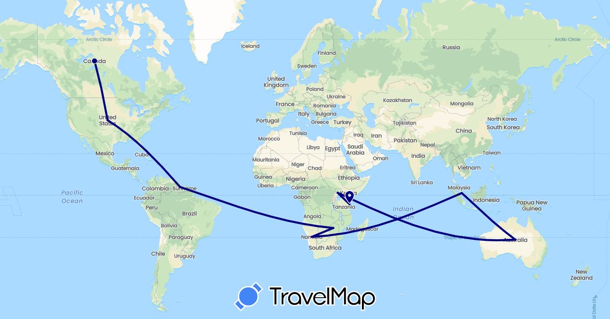 TravelMap itinerary: driving in Australia, Bahamas, Guyana, Namibia, Singapore, Tanzania, Uganda, Zimbabwe (Africa, Asia, North America, Oceania, South America)